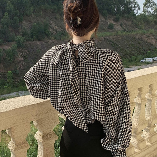 Load image into Gallery viewer, Elegant Women Houndstooth Blouse Fall Long Sleeve Fashion Bow Chiffon Office Ladies Tops Designed Autumn Female Shirt
