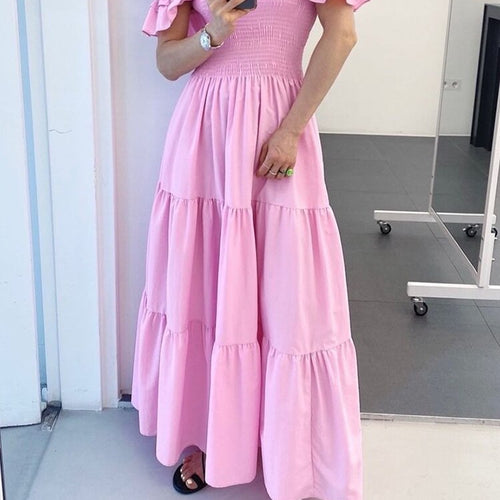 Load image into Gallery viewer, Ruffles Dresses For Women Square Collar Butterfly Sleeve High Waist Elegant Summer Minimalist Dress Female Fashion
