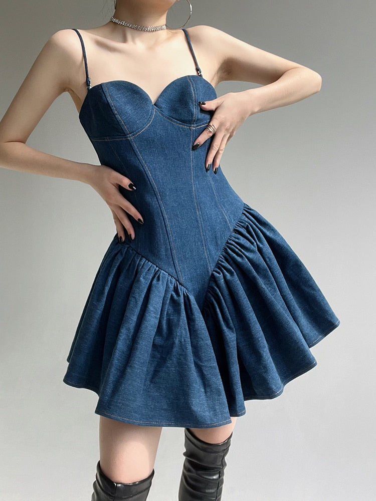 Loose Denim Dresses For Women Square Collar Sleeveless High Waist Folds Elegant Solid Dress Female Fashion Clothing