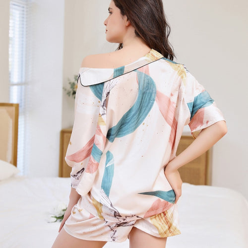 Load image into Gallery viewer, Summer Women&#39;s Pajamas Set Tripical Plants Print Loose Top Sleepwear Short Casual Silk Like Homewear 2pcs Nightie Femme
