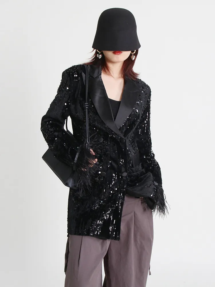 Patchwork Sequins Feather Blazers For Women Nnotched Long Sleeve Single Breasted Slim Blazewr Female Autumn Clothes