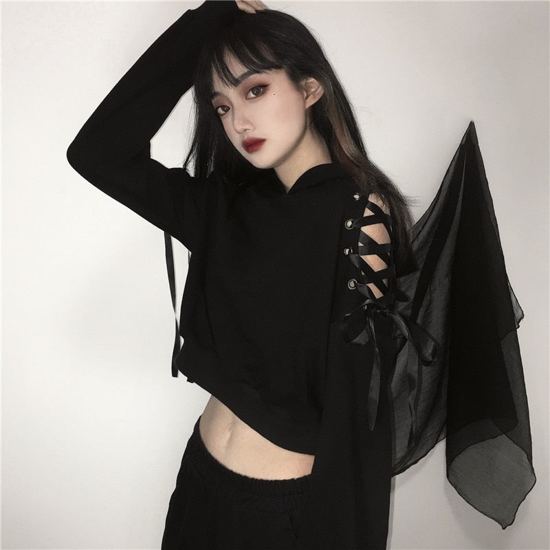 Harajuku Women Hoodies Black Gothic Hooded Bandage Long Sleeve Autumn Crop Top Sexy Club Pullover Streetwear Hoodies