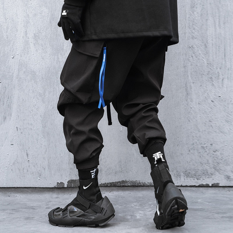 Hip Hop Men Pants Joggers Rope Ribbons Casual Loose Trousers Streetwear Techwear Cargo Pants Sweatpants WB625