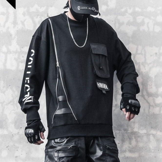 Men Black Patchwork Sweatshirt Hip Hop Vintage O-Neck Pullover Fashion Harajuku Sweat Shirt Tops Men Clothing
