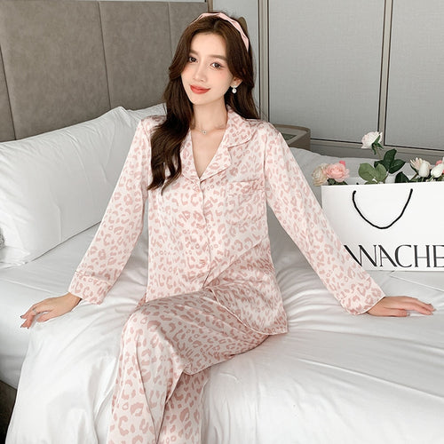 Load image into Gallery viewer, High Quality Women&#39;s Pajamas Set Creamy Leopard Sleepdress Silk Like Casual Homewear Nightwear Nightie пижама женска
