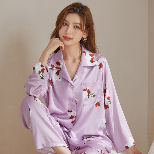 Load image into Gallery viewer, Women&#39;s Pajamas Spring Summer Ice Silk Long-sleeved Pants Two Piece Home Clothes V-neck Printing Cartoon Casual Suit
