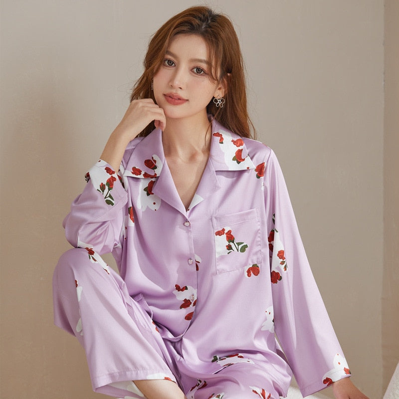 Women's Pajamas Spring Summer Ice Silk Long-sleeved Pants Two Piece Home Clothes V-neck Printing Cartoon Casual Suit