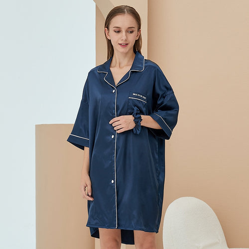 Load image into Gallery viewer, Imitation Silk Pajamas Women&#39;s Summer Short Sleeved V-neck Cardigan Home Clothing Sexy Solid Color Shirts Sleepwear
