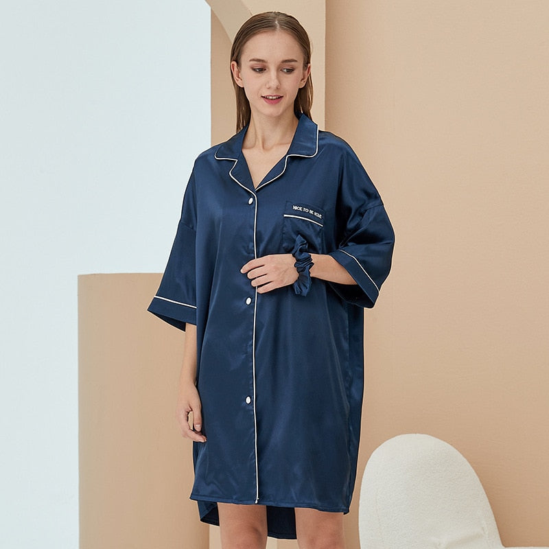 Imitation Silk Pajamas Women's Summer Short Sleeved V-neck Cardigan Home Clothing Sexy Solid Color Shirts Sleepwear