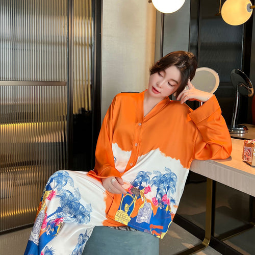 Load image into Gallery viewer, Women&#39;s Pajamas Set Luxury Orange Coconut Print Sleepwear Silk Like Homewear V Neck Nightwear Leisure Loungewear
