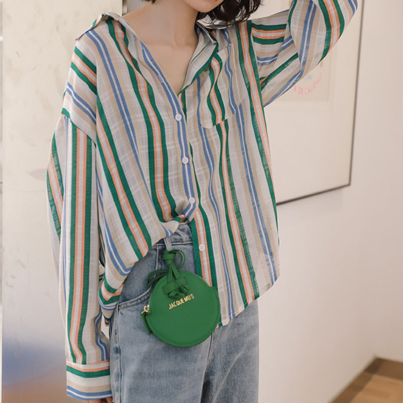 Chiffon Women Thin Shirts Korean Fashion Striped Long Sleeve Casual Pocket Button Up Shirt Designed Loose Female Spring Top