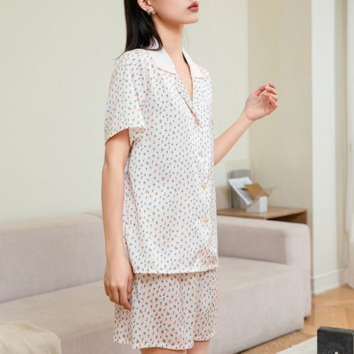 Load image into Gallery viewer, Women&#39;s Imitation Silk Sleepwear Small Fragmented Flower Pajamas Short Sleeve Cardigan Shorts Comfortable Home Clothing
