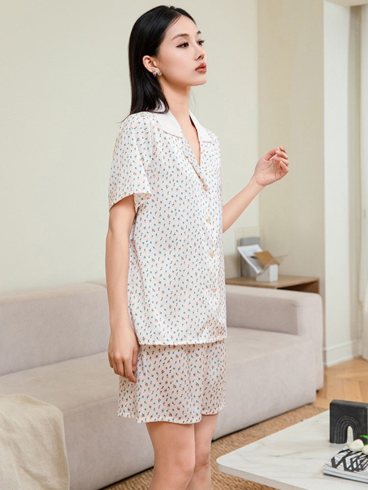 Women's Imitation Silk Sleepwear Small Fragmented Flower Pajamas Short Sleeve Cardigan Shorts Comfortable Home Clothing