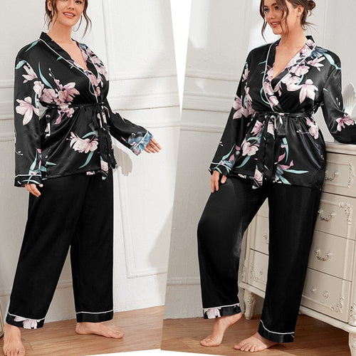 Load image into Gallery viewer, Plus Size Women&#39;s Pajamas Set Floral Print Free Sleepwear Silk Like Homewear Elegant V Neck Nightwear with 4XL 5XL
