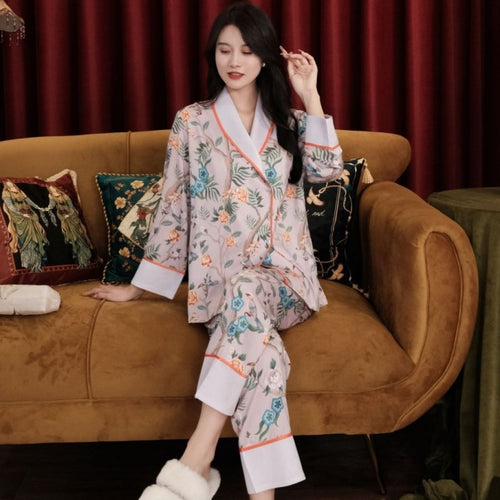 Load image into Gallery viewer, Women&#39;s Imitation Silk Pajamas Spring Autumn Long Sleeve Pants Skincare Lapel Printed Casual Home Clothing Set
