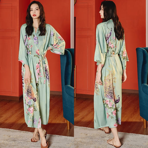 Load image into Gallery viewer, High Quality Women&#39;s Pajamas Long Robe Floral Sleepwear Silk Like Sexy Bathrobe Homewear Luxury Nightwear peignoir femme
