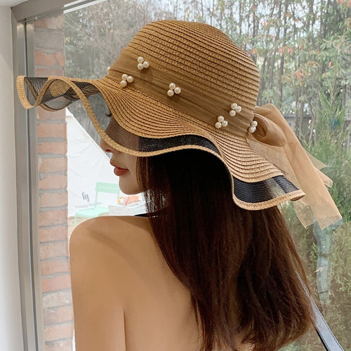 Load image into Gallery viewer, Women&#39;s Summer Hat Fashion Wave Mesh Pearl Design Straw Sun Hat Female Travel  Beach Bucket Hat
