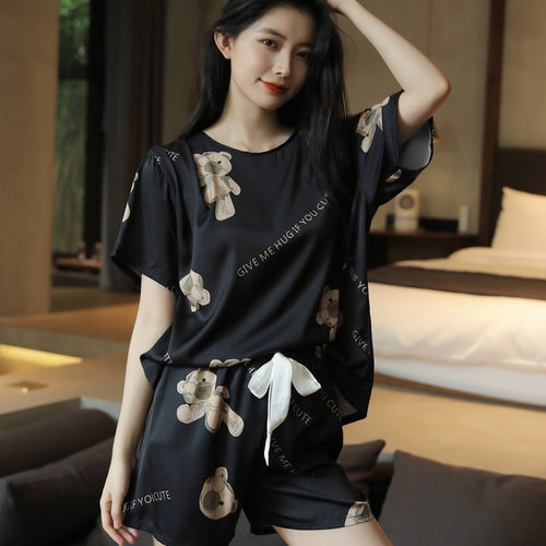 Load image into Gallery viewer, Summer Women&#39;s Pajamas Set Cute Bear Print Loose Top Sleepwear Short Casual Silk Like Homewear 2pcs Nightie Femme
