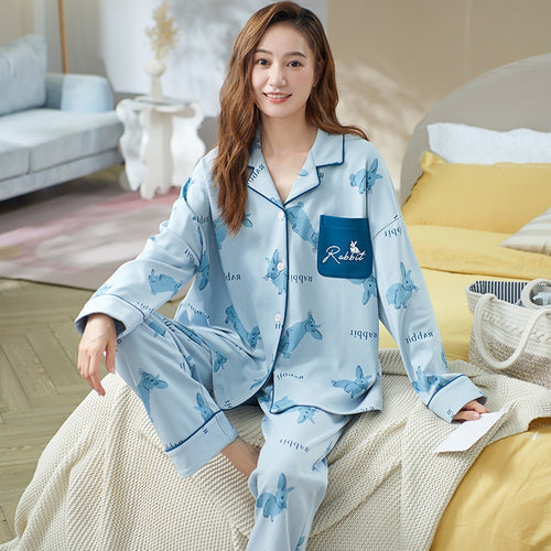 Load image into Gallery viewer, High Quality Women&#39;s Pajamas Set Fashion Cartoon Print Leisure Cotton Sleepwear Long Casual Homewear Nightwear Femme 3XL
