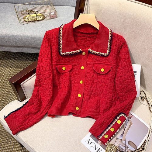 Load image into Gallery viewer, Fashion Button Up Women Cardigan Knitted Korean Turn Down Collar Red Sweater Fall Chic Short Jacket Elegant Ladies Coats
