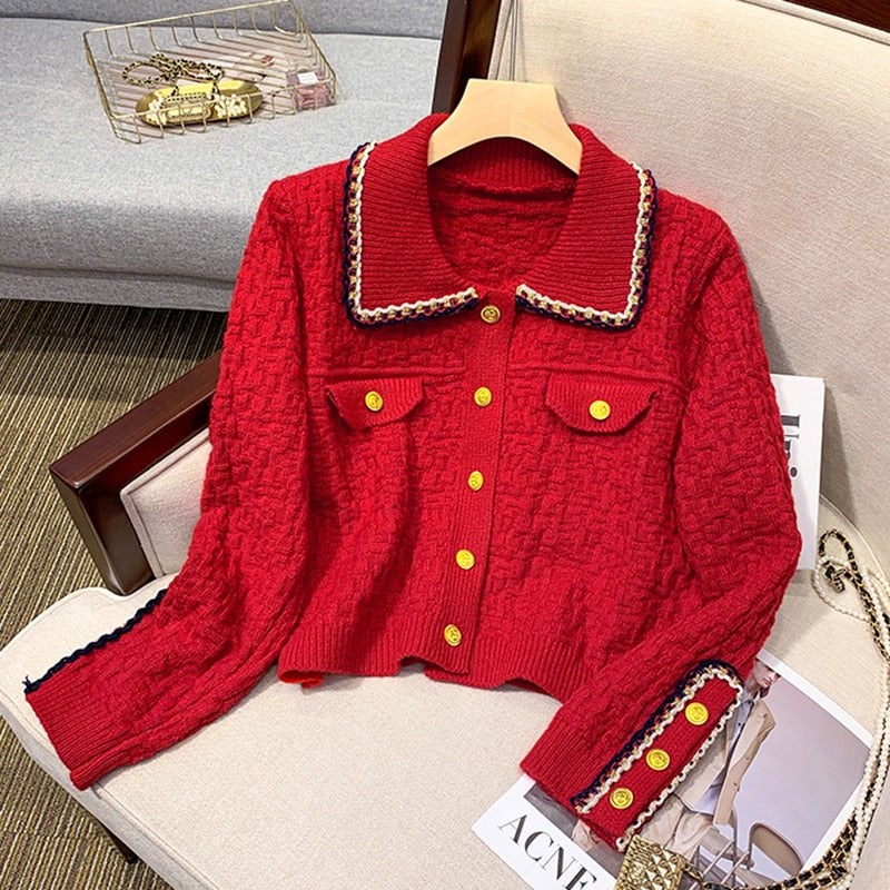 Fashion Button Up Women Cardigan Knitted Korean Turn Down Collar Red Sweater Fall Chic Short Jacket Elegant Ladies Coats
