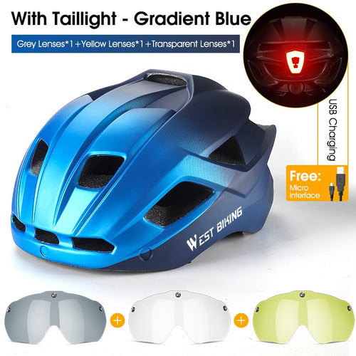 Load image into Gallery viewer, Cycling Helmet With Taillight Goggles Sun Visor Lens Men Women Safety EPS MTB Road Bike Motorcycle Bicycle Helmet
