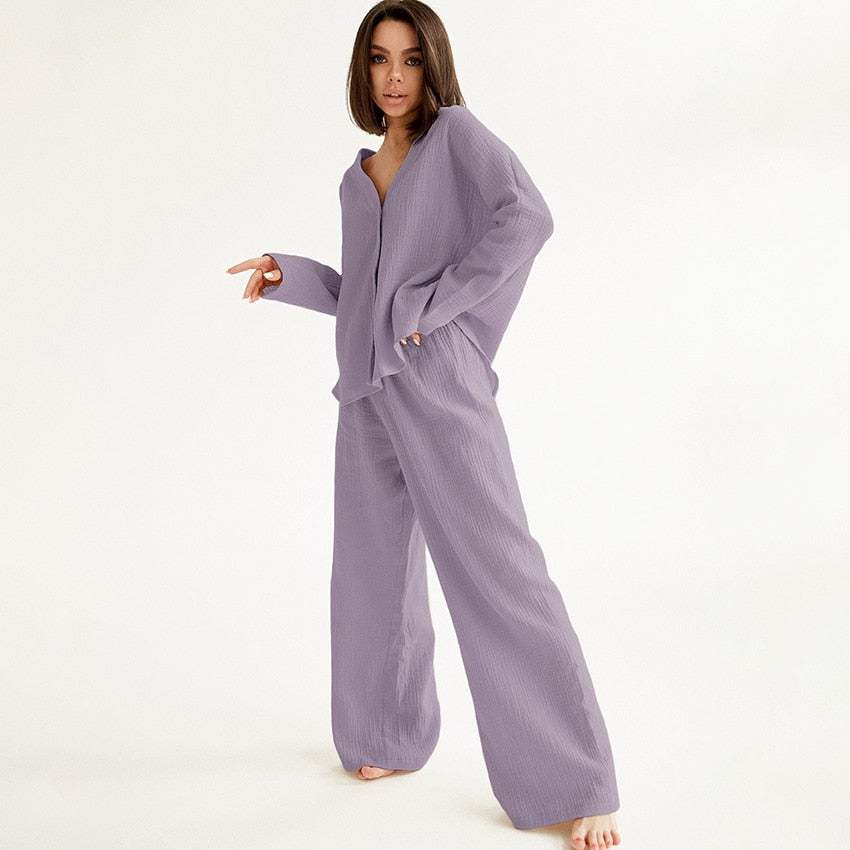 V-neck Long-sleeved Pajamas Women's Cotton Linen Home Suit Fashion Loose Shirt High Waist Wide Leg Pants Two-piece Set