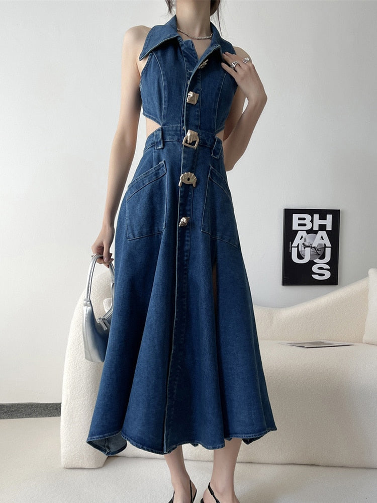 Hollow Out Denim Dress For Women Lapel Sleeveless High Waist Spliced Pockets Casual Dresses Female Clothes Fashion