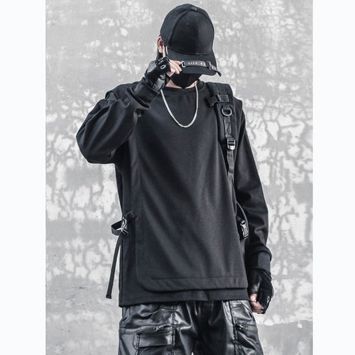 Load image into Gallery viewer, Hip Hop Sweatshirt Men Ribbon Patchwork Fake Two Pieces Sweat Shirt Fashion Harajuku Pullover Black Streetwear Men Clothes
