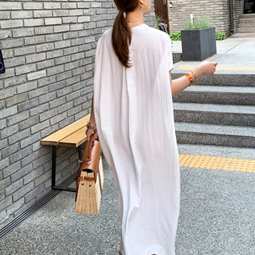 Load image into Gallery viewer, Fold Pleated Oversized Dress For Women Stand Collar Short Sleeve Loose Solid Midi Dresses Female Fashion Clothing
