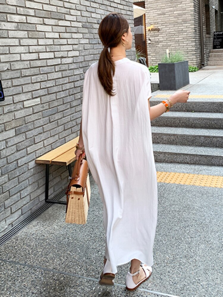 Fold Pleated Oversized Dress For Women Stand Collar Short Sleeve Loose Solid Midi Dresses Female Fashion Clothing