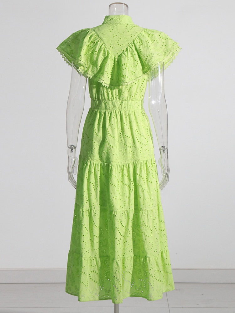 Embroidery Summer Dresses For Women Stand Collar Short Sleeve High Waist Folds Summer Dress Female Fashion Clothing