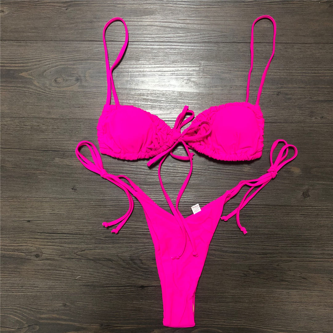 Wrinkled Lace Up Mini Thong Bikini Female Swimsuit Women Swimwear Two-Pieces Bikini set Tie Dye Bather Bathing Suit Swim V2552B