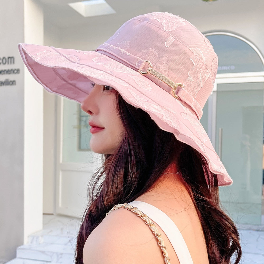 New Women's Summer Hat Fashion Silver Buckle Flower Print Design Sun Hat Travel Beach Bucket Hat