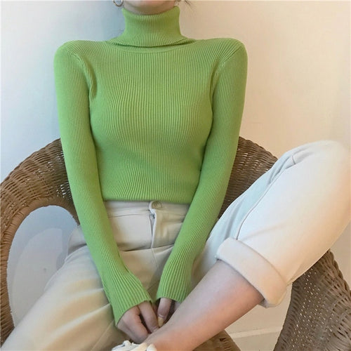 Load image into Gallery viewer, Women Pullover Turtleneck Sweater Autumn Long Sleeve Slim Elastic Korean Simple Basic Cheap Jumper Solid Color Top
