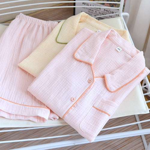 Load image into Gallery viewer, Woven Cotton Pajamas Women&#39;s Summer Thin Short Sleeve Shorts Two Piece Set Sweet Solid Color Lapel Cardigan Homewear
