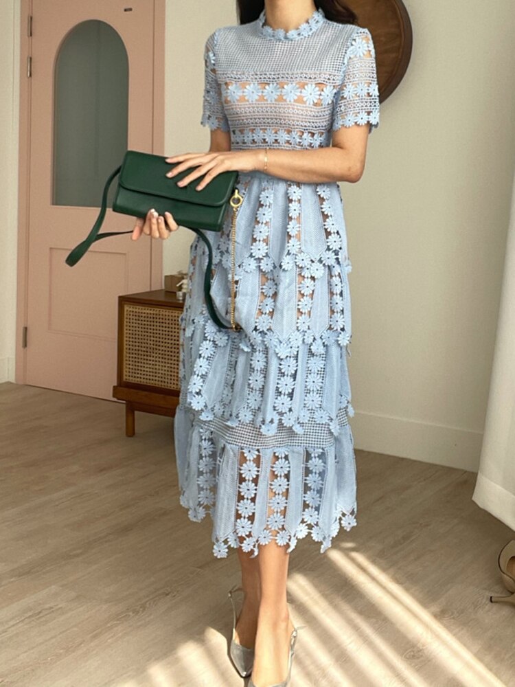 Elegant Blue Dress For Women Stand Collar Short Sleeve High Waist Cut Out Solid Midi Dresses Female Summer Clothing