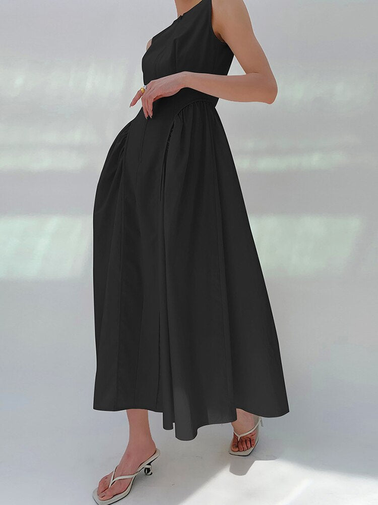 Pleated A Line Dress For Women Round Neck Sleeveless High Waist Summer Minimalist Long Dresses Female Clothing