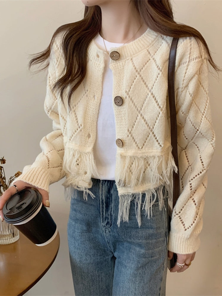 Sexy Tassel Women Cardigan Sweater Design Hollow Out Korean Fall Long Sleeve Thin Shorts Coat Button Up Fashion Knit Tops