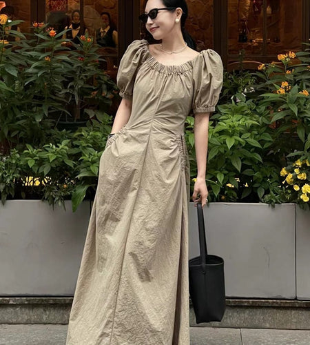 Solid Casual Dresses For Women Slash Neck Puff Sleeve High Waist Spliced Pockets Dress Female Fashion Clothing