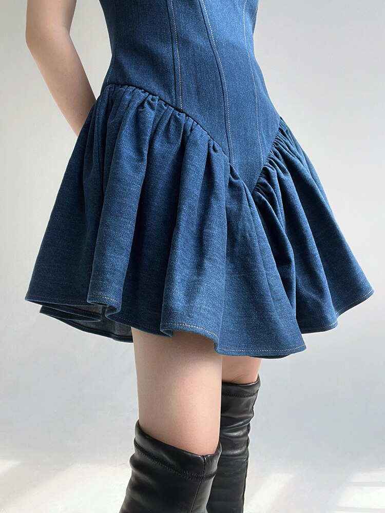 Loose Denim Dresses For Women Square Collar Sleeveless High Waist Folds Elegant Solid Dress Female Fashion Clothing