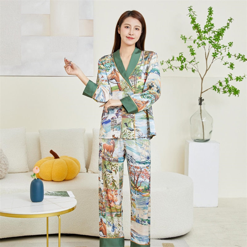 Spring Summer Women's Imitation Silk Luxury Pajamas Satin Long Sleeve Comfortable Cardigan Fashion Printed Home Clothes