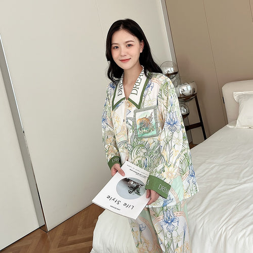 Load image into Gallery viewer, High Quality Women&#39;s Pajamas Set Luxury Floral Print Lapel Sleepwear Silk Like Long Sleeve Homewear Nightwear Femme
