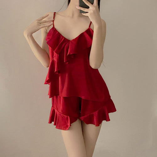 Load image into Gallery viewer, Women&#39;s Pajamas Set Sexy Sling Top Ruffle Panel Hem Shorts Silk Like Nightwear Sleepwear Home Clothes Outside Femme
