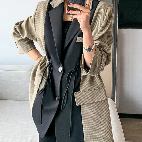 Load image into Gallery viewer, Hit Color Blazers For Women Lapel Long Sleeve Patchwork Pocket Drawstring Casual Blazers Female Spring Clothing
