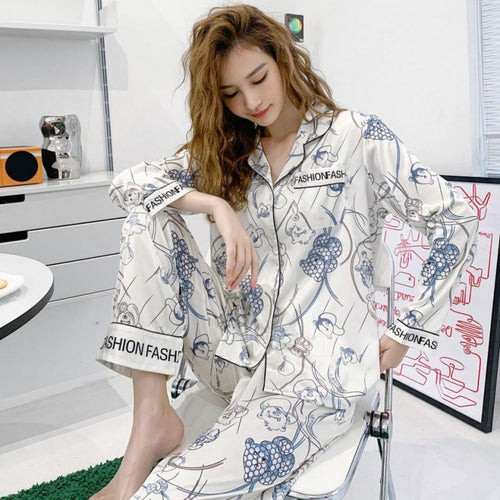 Load image into Gallery viewer, Elegant Imitation Silk Pajamas Women&#39;s Spring Autumn Long Sleeved Printing Two Piece Set Oversized Home Clothing
