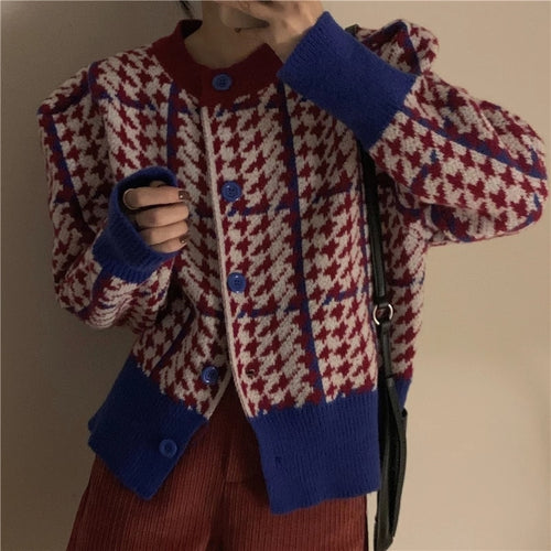 Load image into Gallery viewer, Houndstooth Women Cardigan Sweater Fashion Plaid Loose Korean Single Breasted Patchwork Office Ladies Knitted Coat 2022 New
