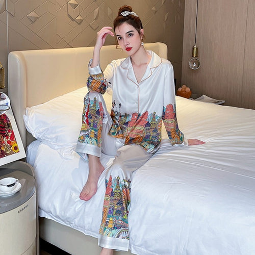 Load image into Gallery viewer, Fashion Women Cardigan Pajamas Spring Autumn Comfortable Imitation Silk Loose Sleepwear Long Sleeved Pants Two Piece Set
