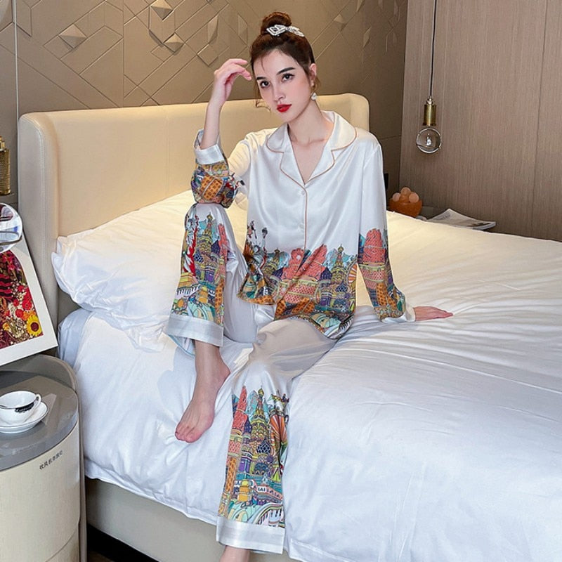 Fashion Women Cardigan Pajamas Spring Autumn Comfortable Imitation Silk Loose Sleepwear Long Sleeved Pants Two Piece Set