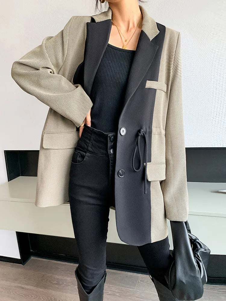 Hit Color Blazers For Women Lapel Long Sleeve Patchwork Pocket Drawstring Casual Blazers Female Spring Clothing